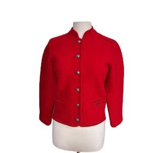 VTG Sigi Scheiber Boiled Wool Red Crop Cardigan Jacket 38 Chest 35” Length 21”